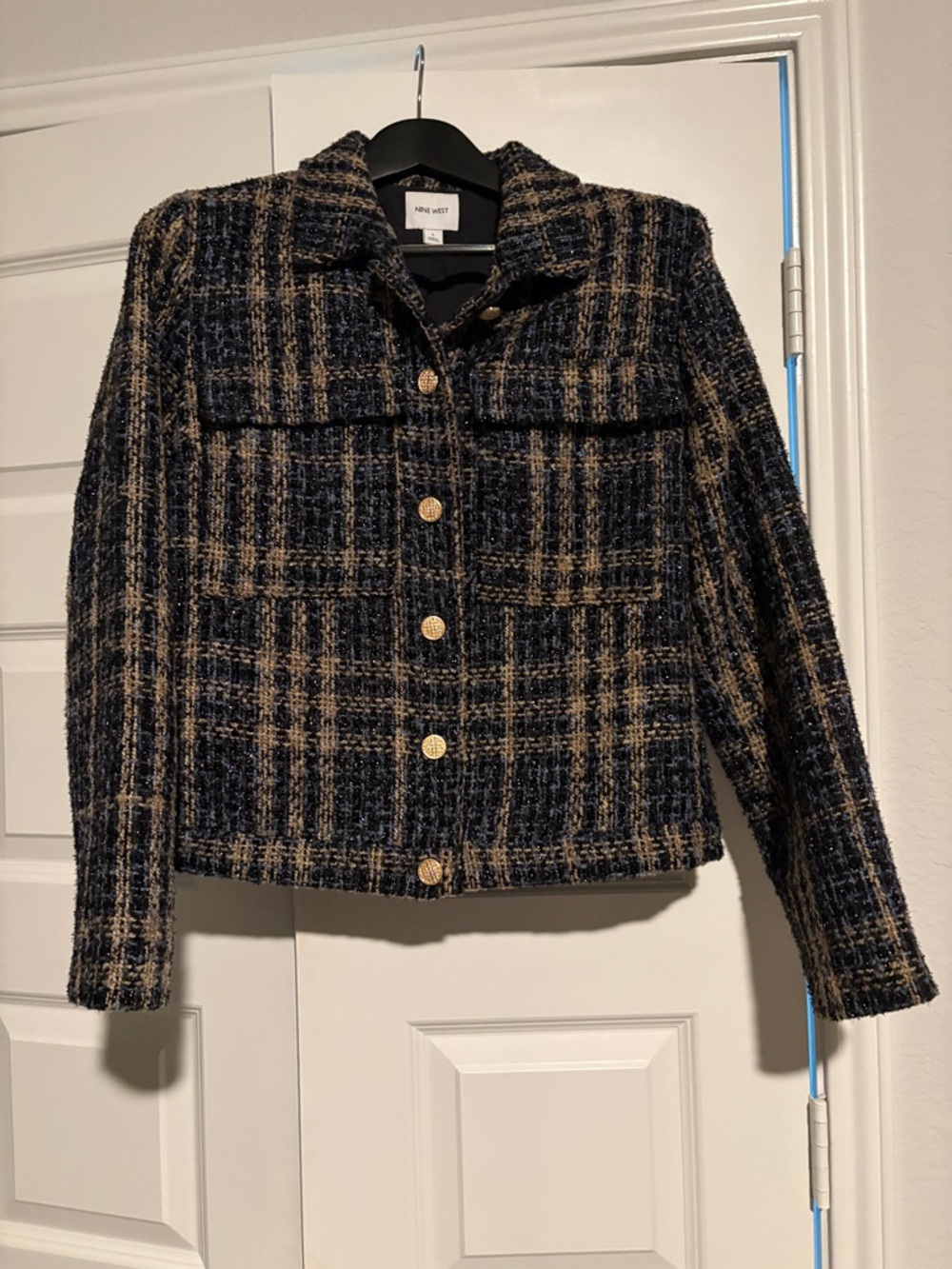Nine West Navy and Tan Tweed Button-Front Blazer